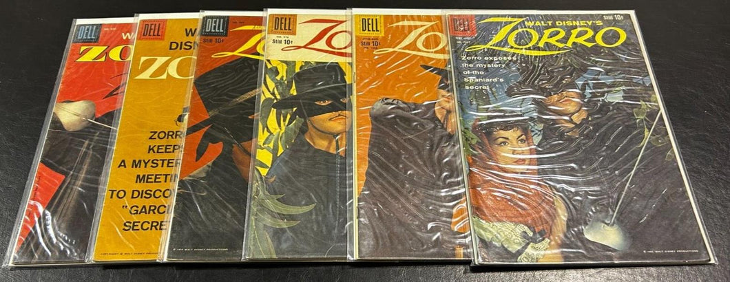 1958 Dell Comics Walt Disney's Zorro lot of 6 comic books, F-VF