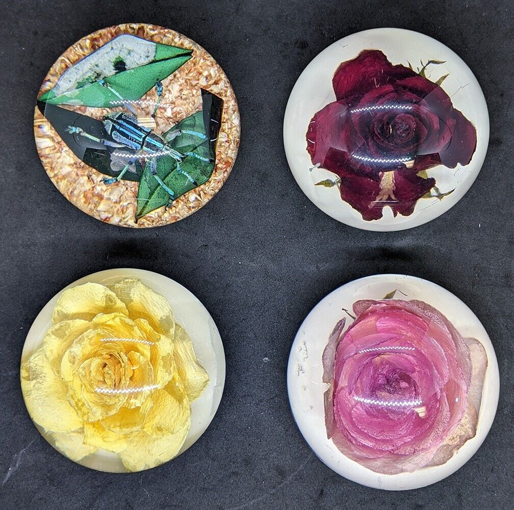 4 Assorted Floral / Insect Paperweights. Red, Yellow & Peach Roses