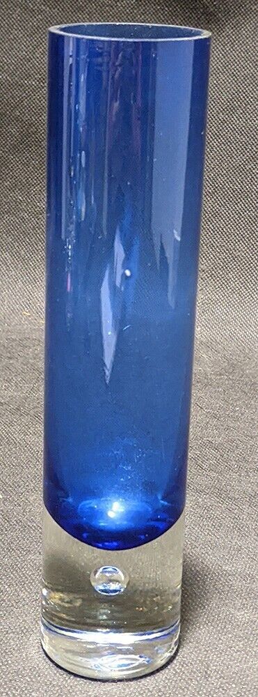 Clear to Blue, Bubble Base, Glass Tubular Vase - 8 1/4