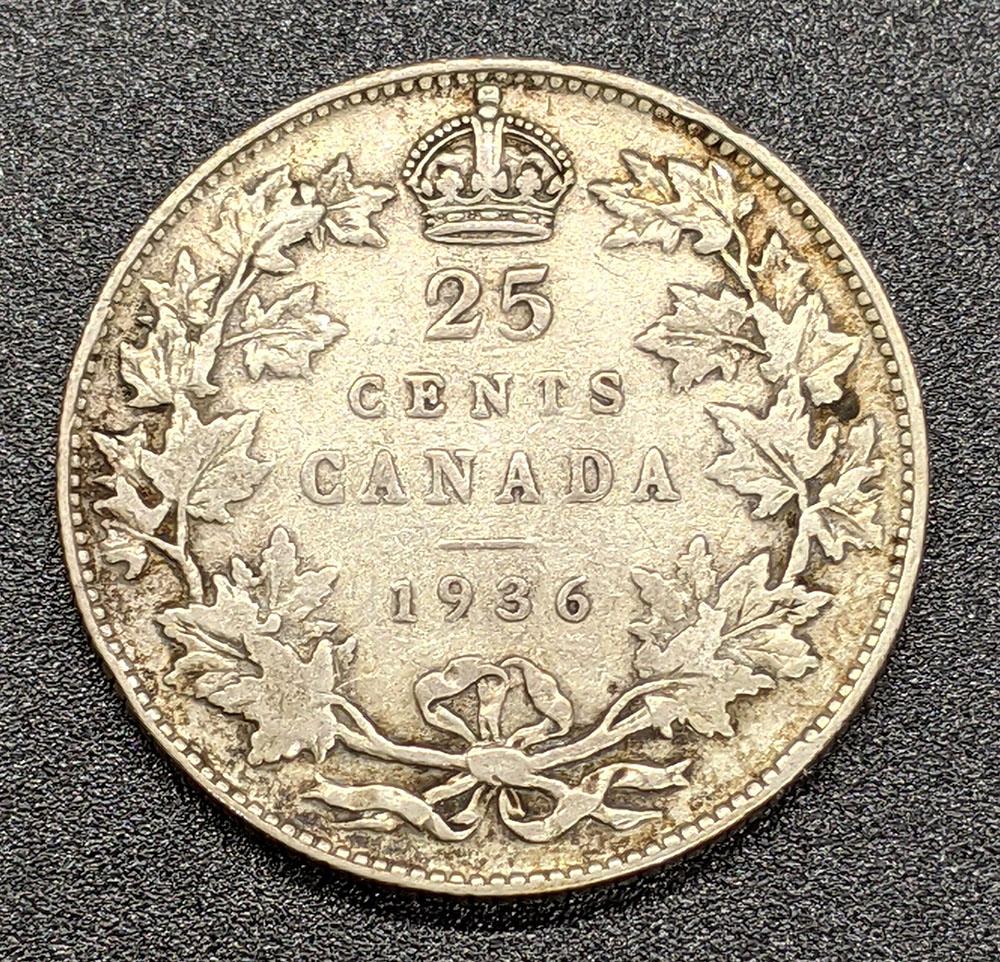 1936 Canada Silver 25-Cent Quarter Coin