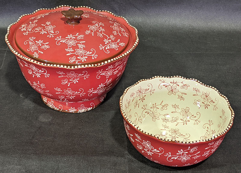 Temptation by Tara - Floral Lace - Red - Lidded Round Casserole & Bowl Set