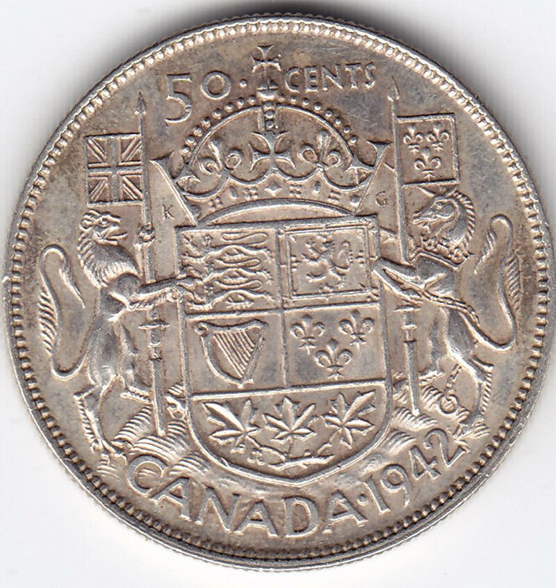 1942 Canada Silver 50 Cent Half Dollar Coin - A U