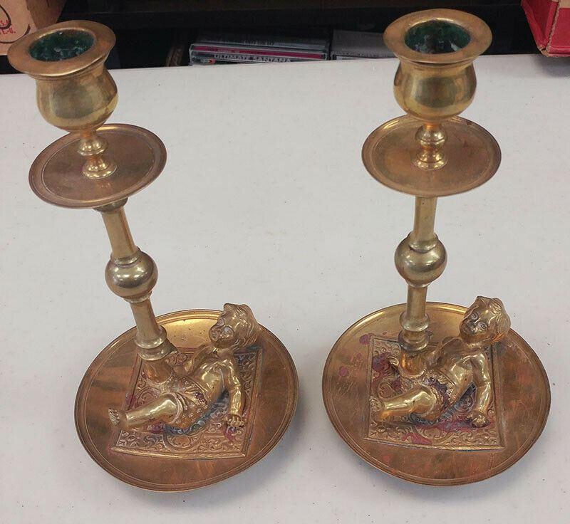 Unique Pair of Brass Candle Stick Holders - Putti Cherub