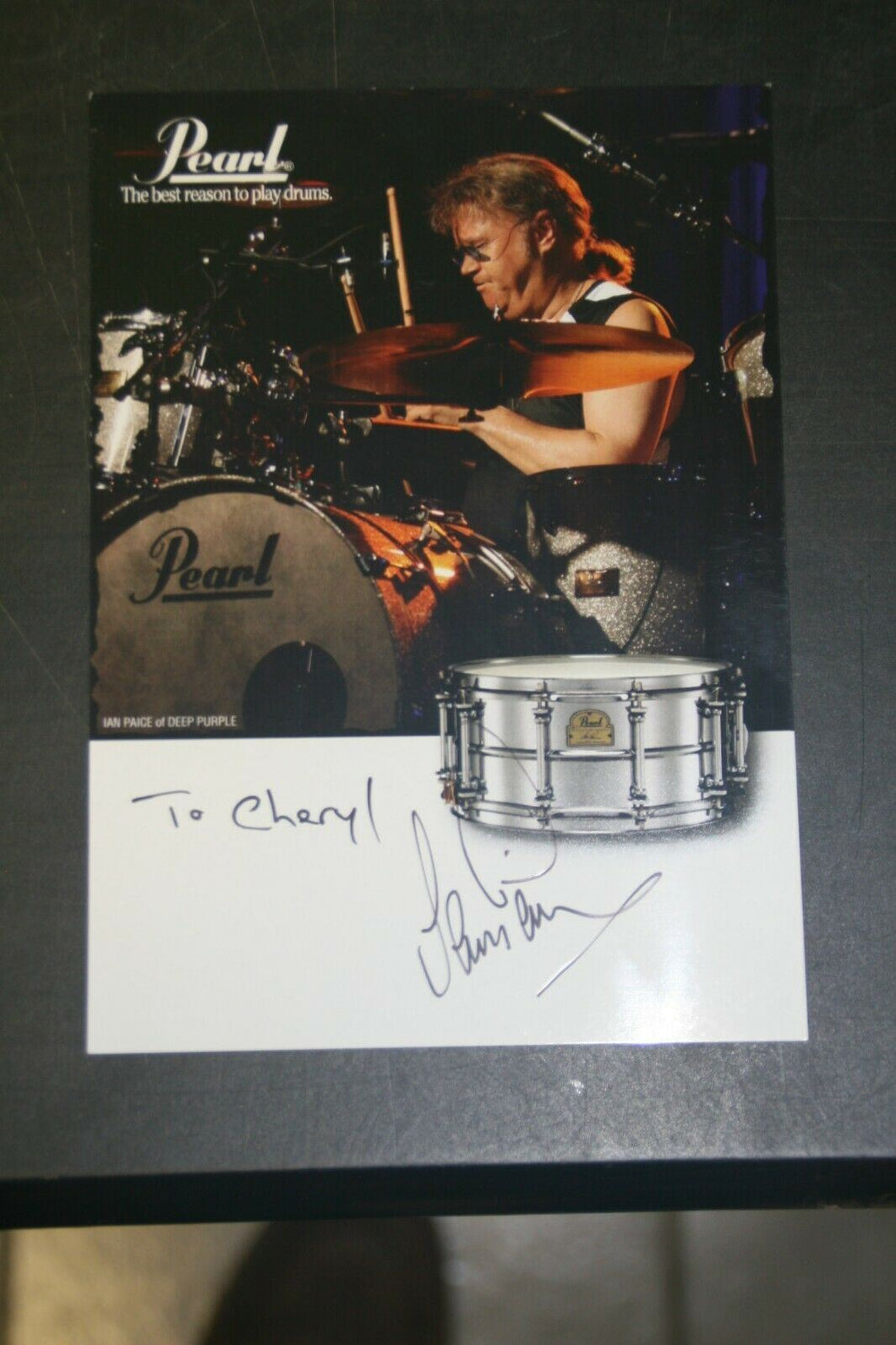 Deep Purple Drummer Ian Paice Autographed Pearl Drums Card & Pair Drumsticks