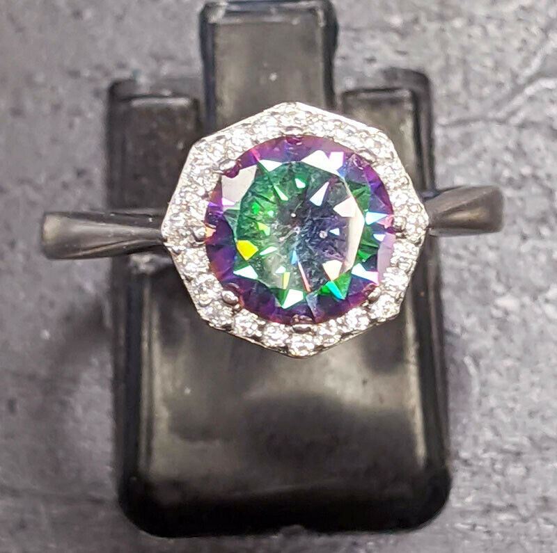 Sterling Silver Halo'ed Mystic Topaz Fashion Ring - Size 8 1/4