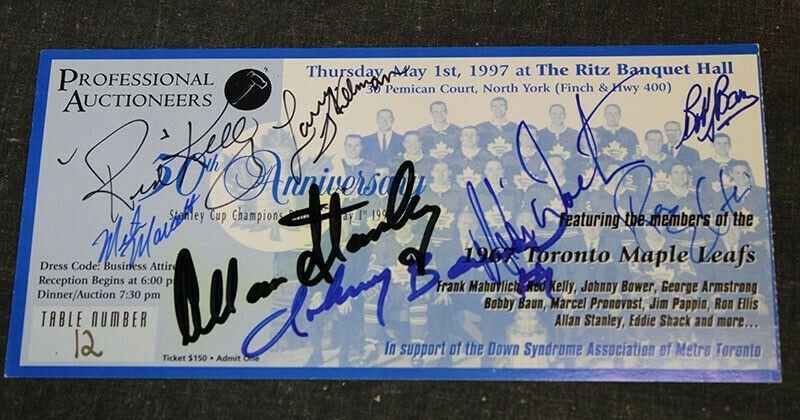 Banquet Hall Ticket Signed by 1967 Toronto Maple Leaf Stanley Cup Champions