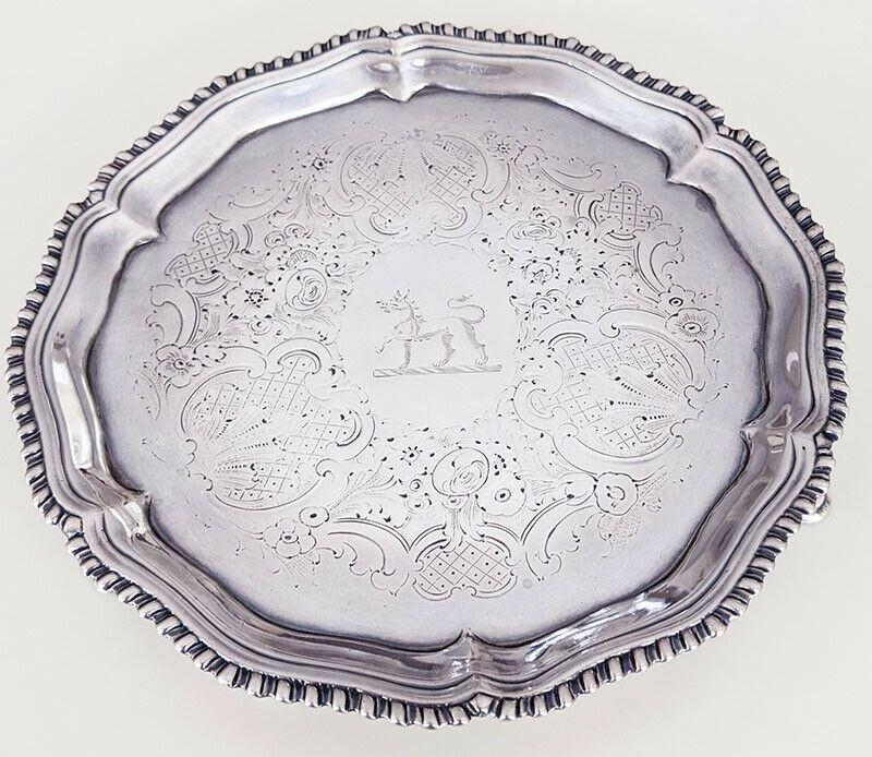 1767 Sterling Silver Footed Salver / Card Tray - I.C Maker - Hallmarked