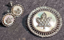 Load image into Gallery viewer, Mother of Pearl &amp; Rhinestone Maple Leaf Brooch &amp; Earrings by Keyes
