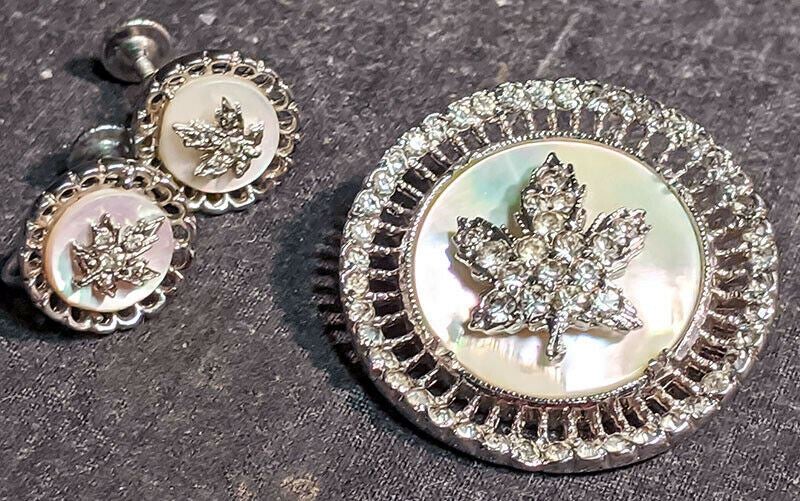 Mother of Pearl & Rhinestone Maple Leaf Brooch & Earrings by Keyes