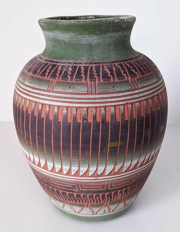 Navajo Pottery Vase - Signed A. Joe – 6″ - Terracotta, Green & White