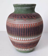 Load image into Gallery viewer, Navajo Pottery Vase - Signed A. Joe – 6″ - Terracotta, Green &amp; White
