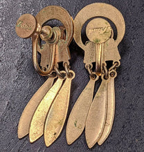 Load image into Gallery viewer, Brass Tone TRIAD Screw-Back Earrings - Three Dangle Pieces
