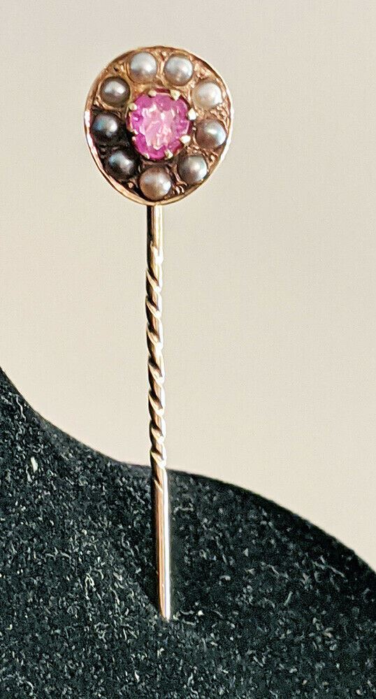 Vintage 18Kt Yellow Gold Pink Sapphire & Pearl Scarf Pin