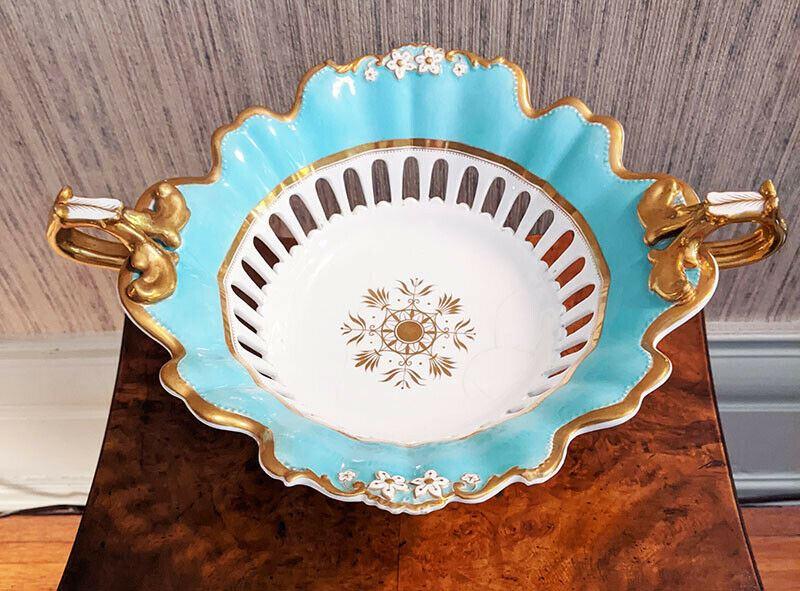 Davenport, Longport Staffordshire, Pedestal Compote Bowl - Teal & Gold - AS IS