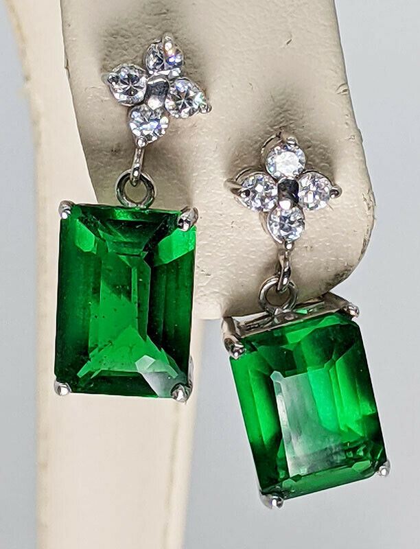 18 Kt White Gold Beautiful Dangle Created Emerald & Zircon Stud Earrings