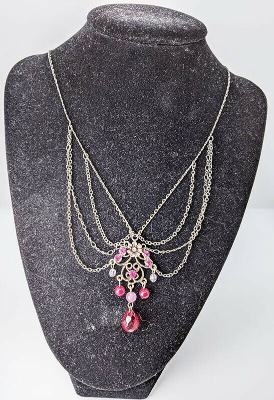 Vintage Fashion Necklace - Dangle Rhinestones - Red / Pink