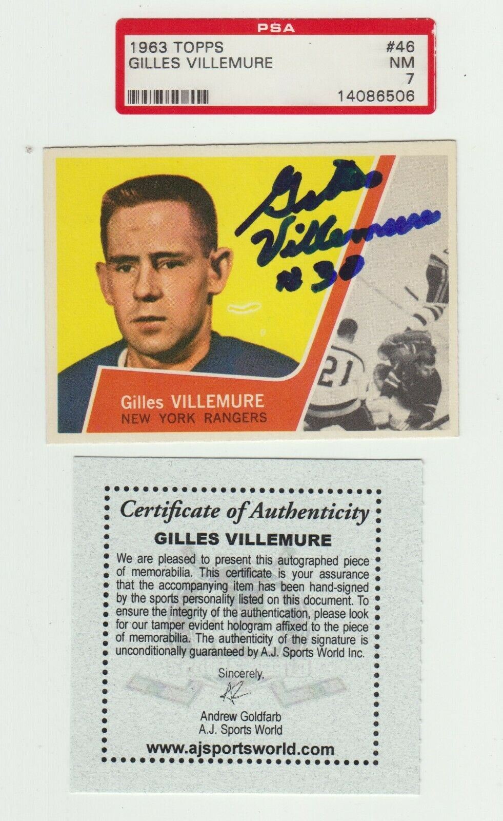1963 Topps Villemure #46 Signed Hockey Card w/ PSA NM 7 Cert & Auto COA