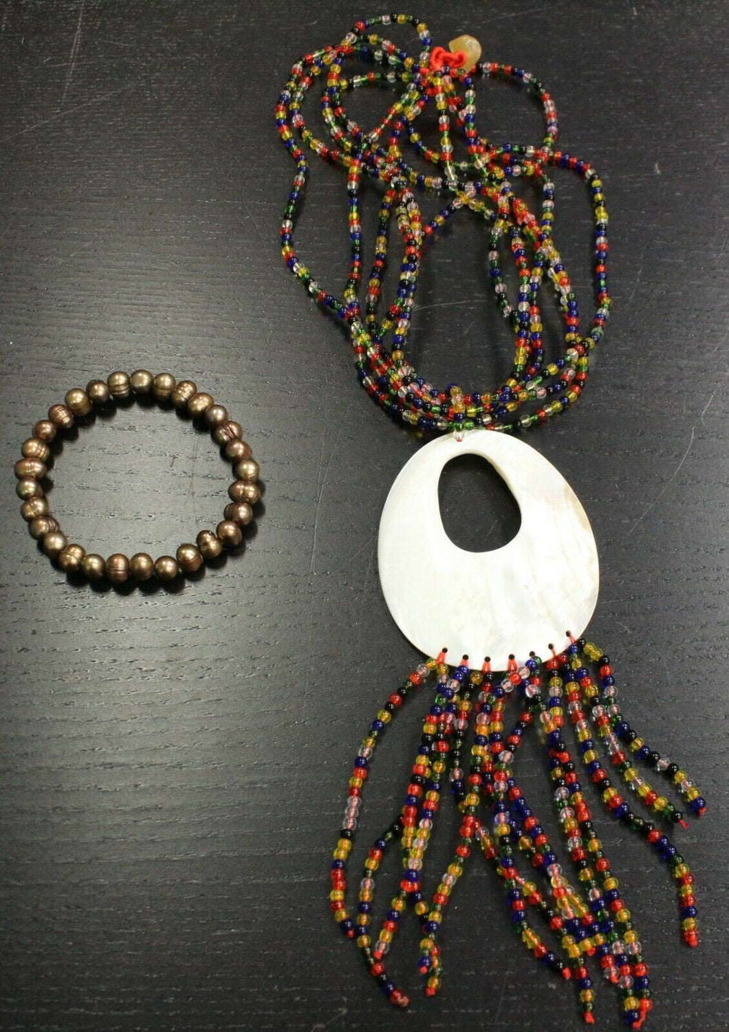 Large MOP Pendant w/ Colourful Bead Necklace & Cultured Freshwater Bracelet