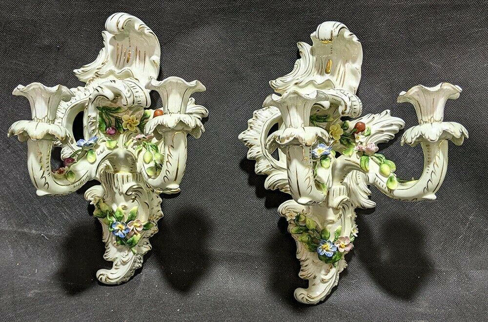 Pair of Vintage Ceramic Wall Sconces / Candle Holders - Floral Detail