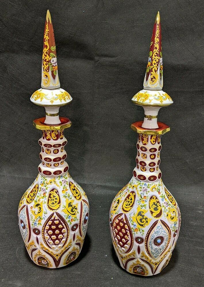 Set of White To Red Painted Decorative Glass Decanters, With Stoppers