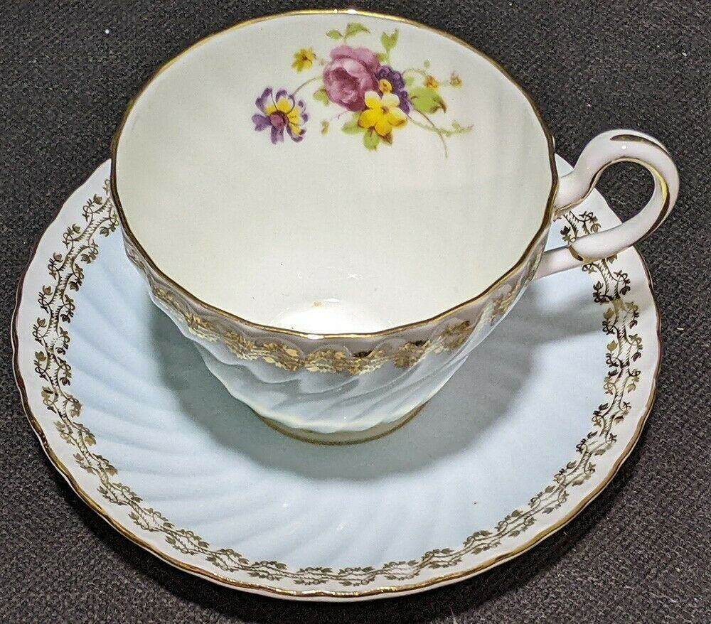 FOLEY Bone China Cup & Saucer - Soft Blue & Gold With Floral Bouquet