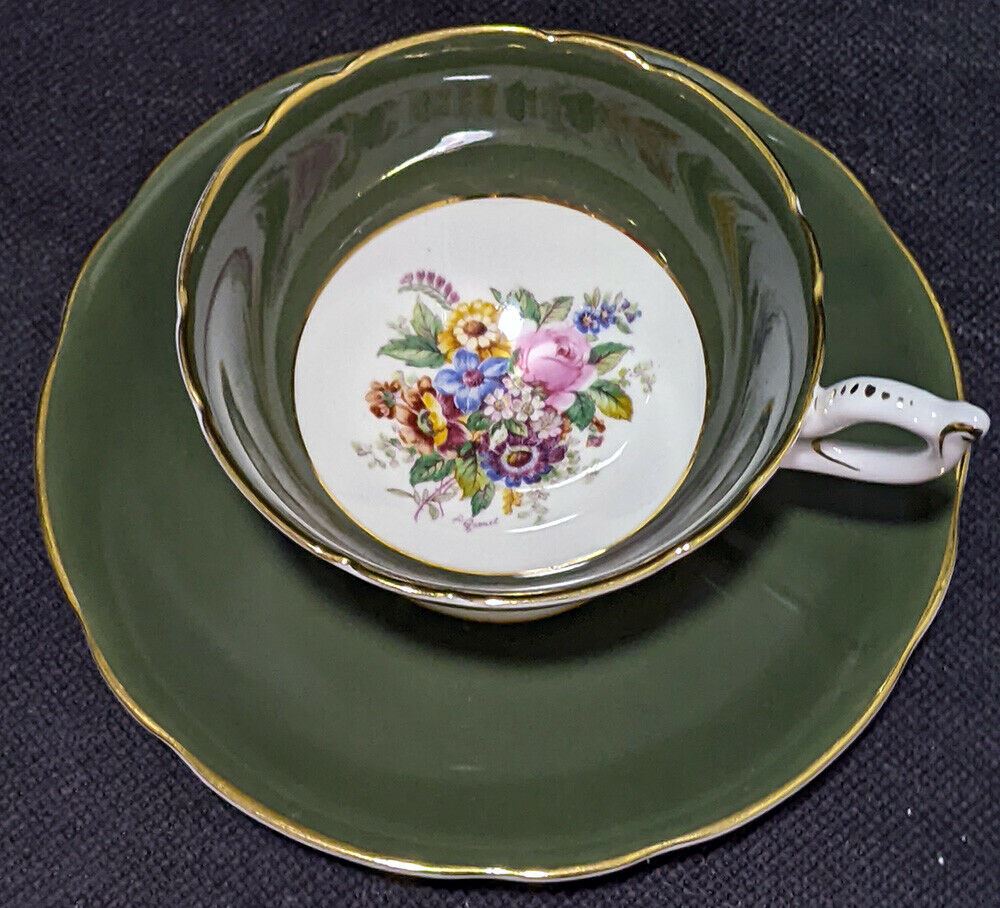 COALPORT Bone China Cup & Saucer - Olive Green, Gold Rim, Bouquet In Bowl