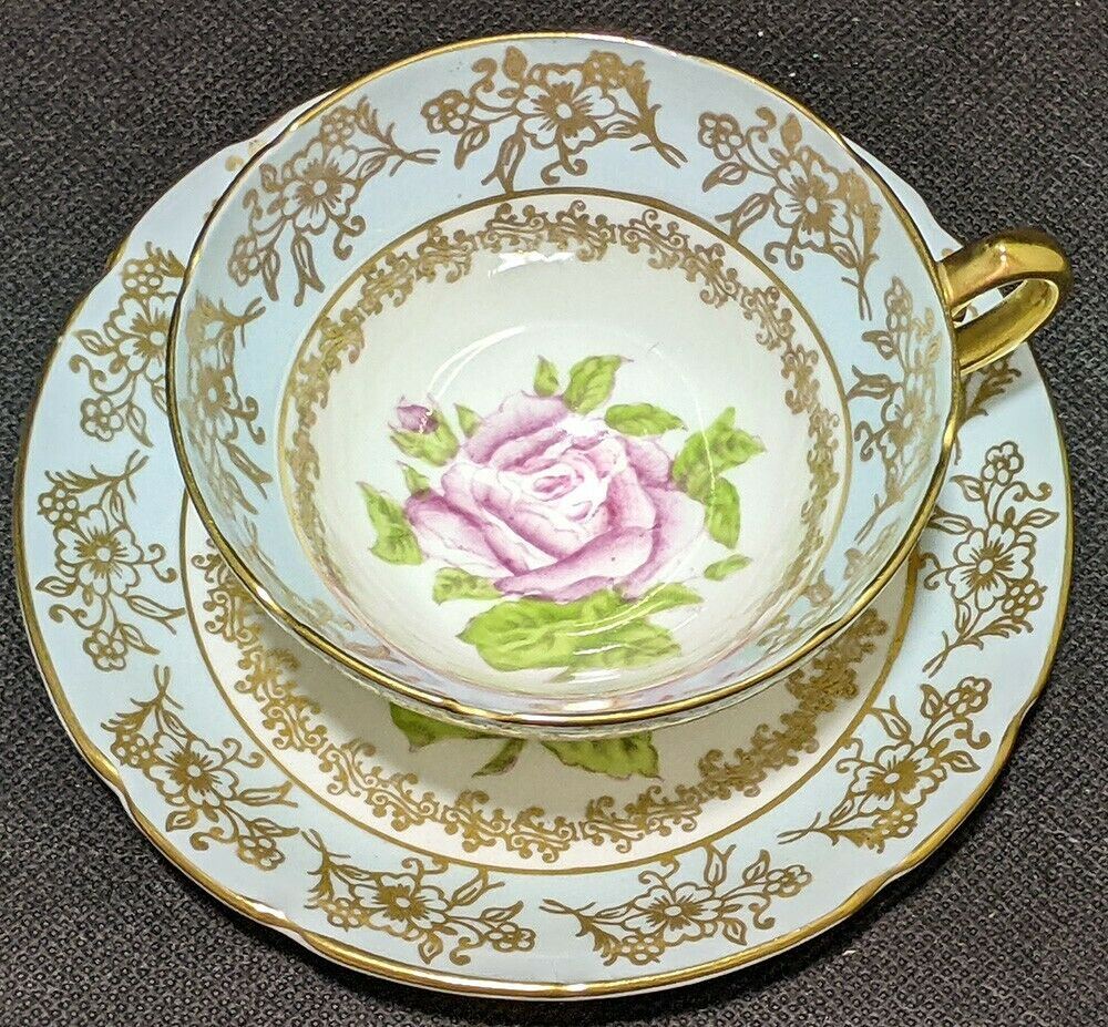 STANLEY Fine Bone China Cup & Saucer - Blue & Gold With Roses In Bowl
