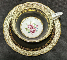 Load image into Gallery viewer, ROYAL STAFFORD Bone China Cup &amp; Saucer - Black, Gold, Roses In Bowl
