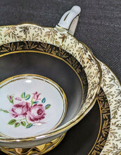 Load image into Gallery viewer, ROYAL STAFFORD Bone China Cup &amp; Saucer - Black, Gold, Roses In Bowl
