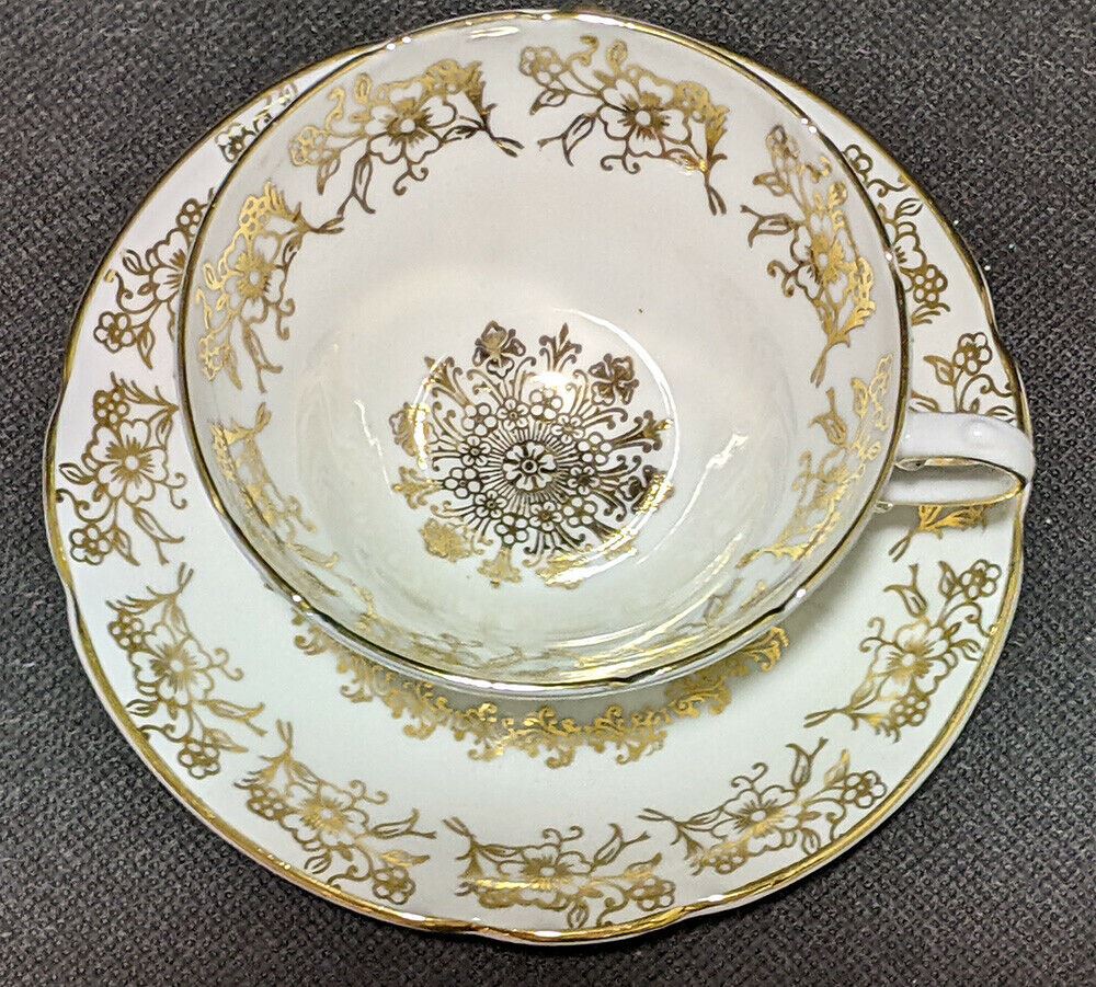 Stanley Fine Bone China Tea Cup & Saucer - Gold Scroll & Flower Detail on White