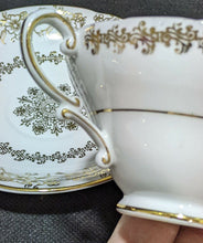 Load image into Gallery viewer, Stanley Fine Bone China Tea Cup &amp; Saucer - Gold Scroll &amp; Flower Detail on White
