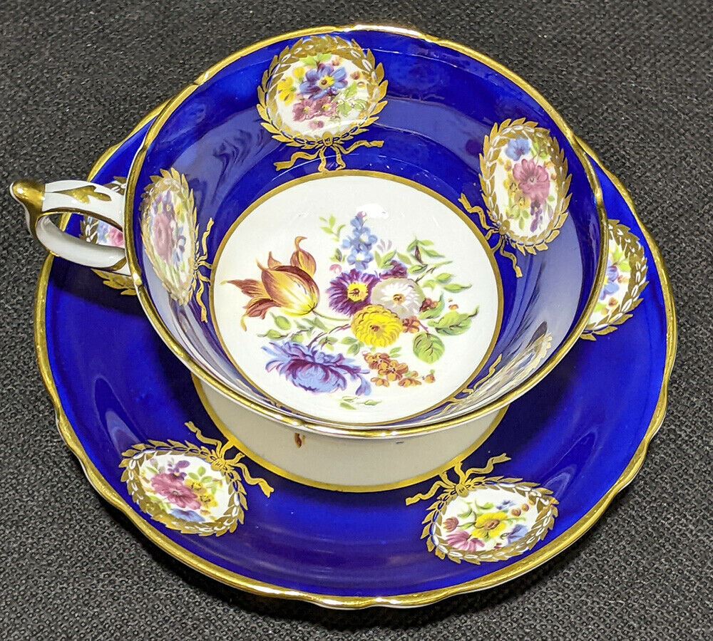 PARAGON Fine Bone China Cup & Saucer - Cobalt Blue & Bouquets, Gold Rim