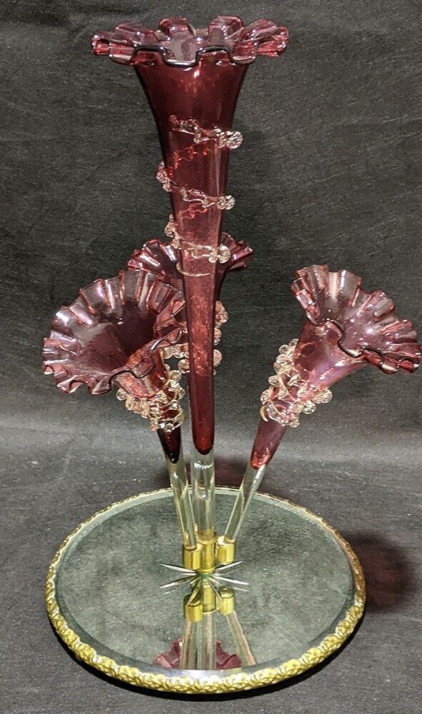Vintage Cranberry Glass 4 Flute Epergne With Mirrored Base