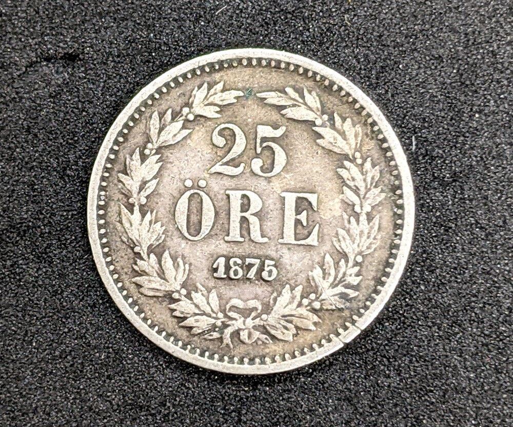 Rare - 1875 Sweden 25 Ore Silver Coin