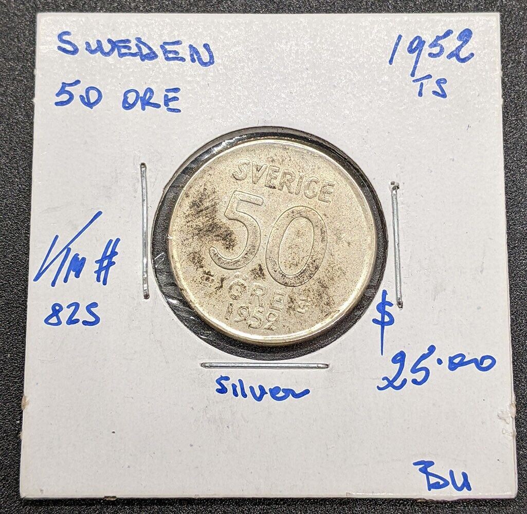 1952 Sweden Silver 50 Ore Coin