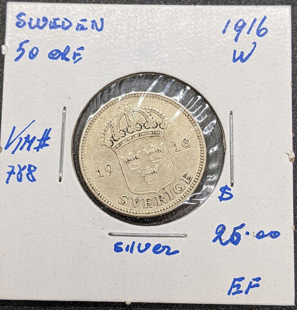 1916 W Sweden Silver 50 Ore Coin