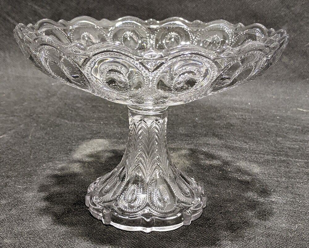 Vintage EAPG Pressed Glass Pedestal Compote / Candy Dish - Peacock Feather