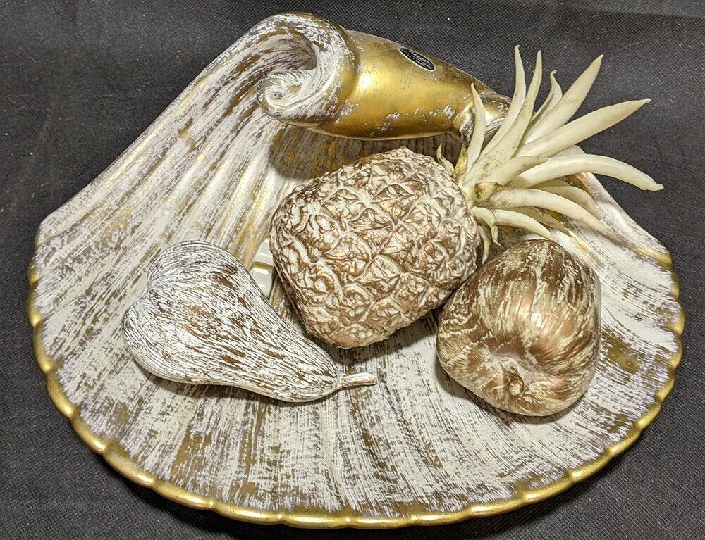 Large Ceramic Shell Decor by Haeger with Gold Tweed Glaze (22Kt) w Fruit