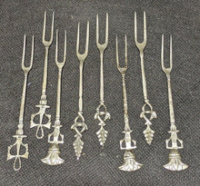 Load image into Gallery viewer, 8 Sterling Silver Intricate Detailed Tops Cocktail Forks
