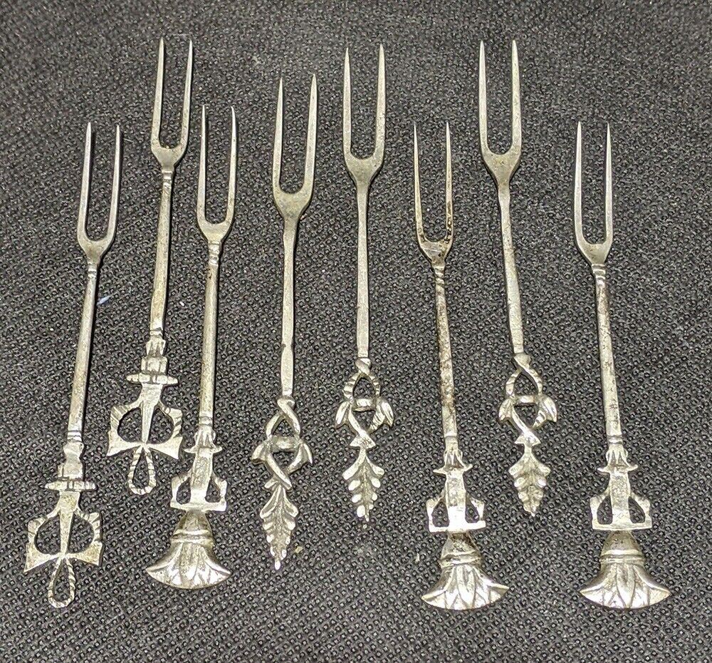 8 Sterling Silver Intricate Detailed Tops Cocktail Forks