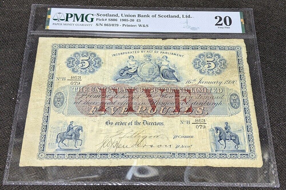 1905 - 20 Union Bank of SCOTLAND Ltd., 5 Pound Note - PMG Graded VF20