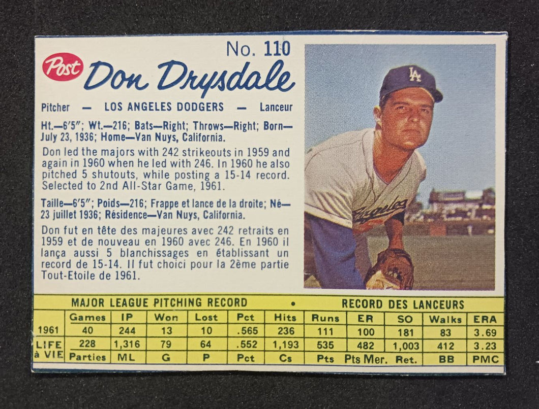 1962 Post Canadian Don Drysdale #110 Hand Cut