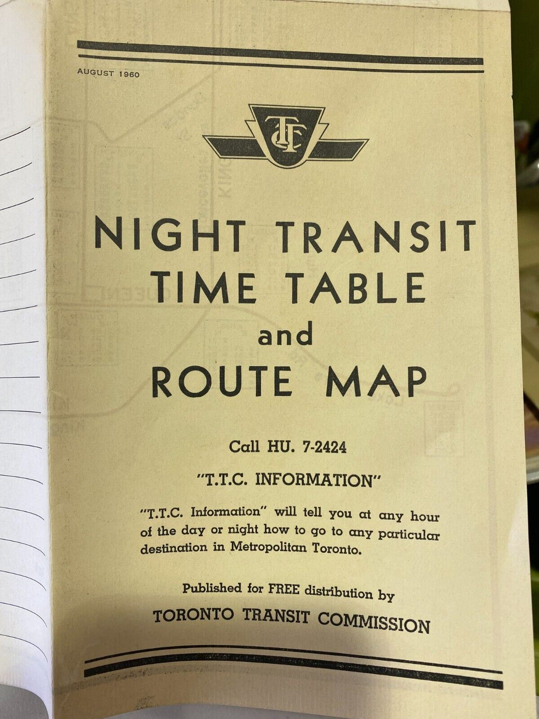 1960 TTC Toronto Night Transit Time Table And Map