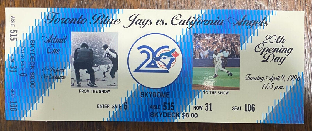 1996 BlueJays VS Cali Angels 20th Opening Day Ticket