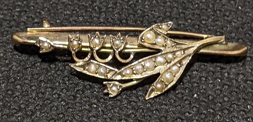 9 Kt Yellow Gold & Seed Pearl Pin / Brooch - Floral Leaves & Buds
