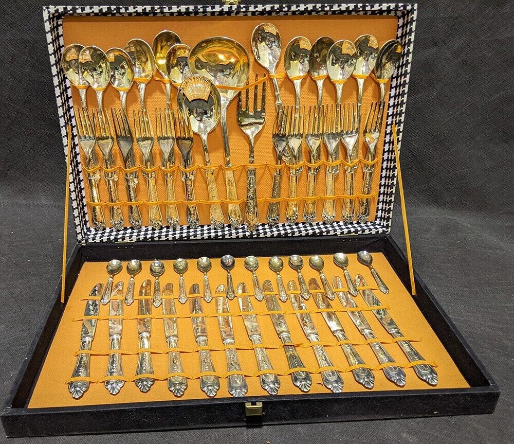 Silver Tone Flatware Set - Place Setting For 12 - With Serving Pieces - In Box