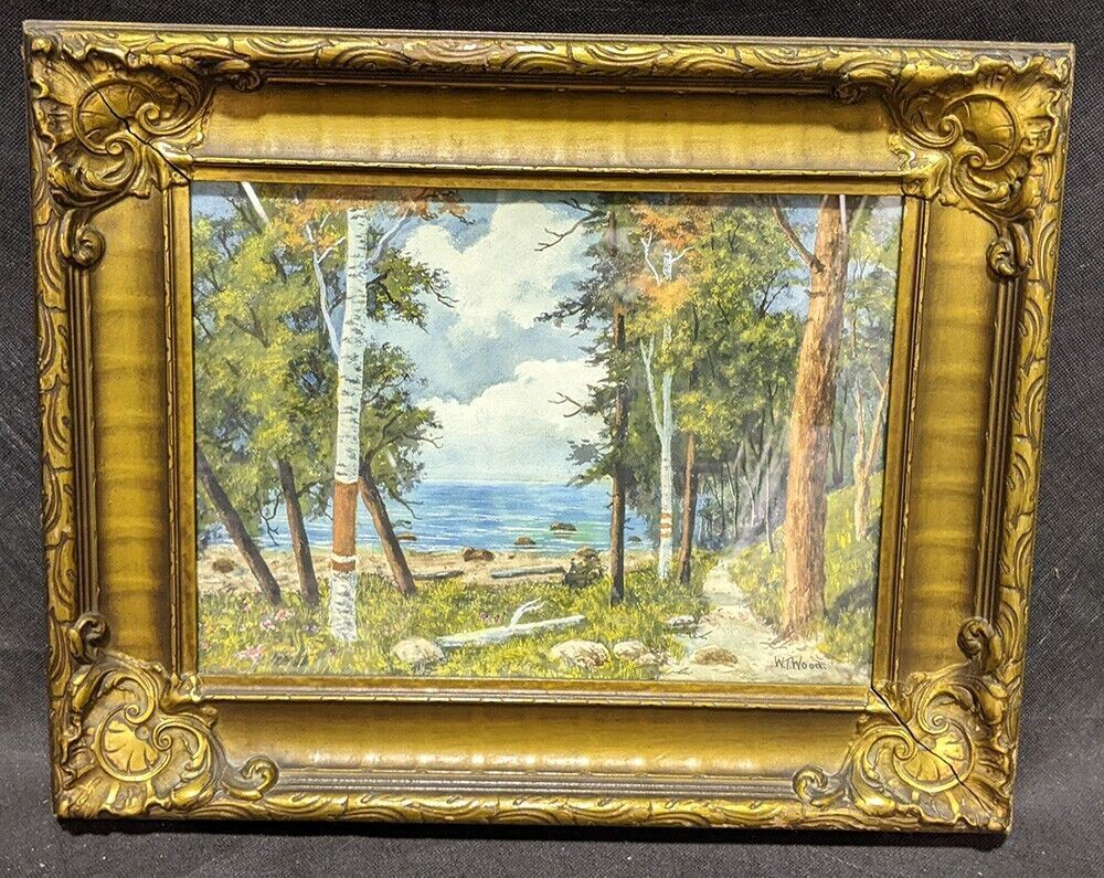 Gold Tone Wooden Frame - W.T. Wood - Forest & Lake Scene