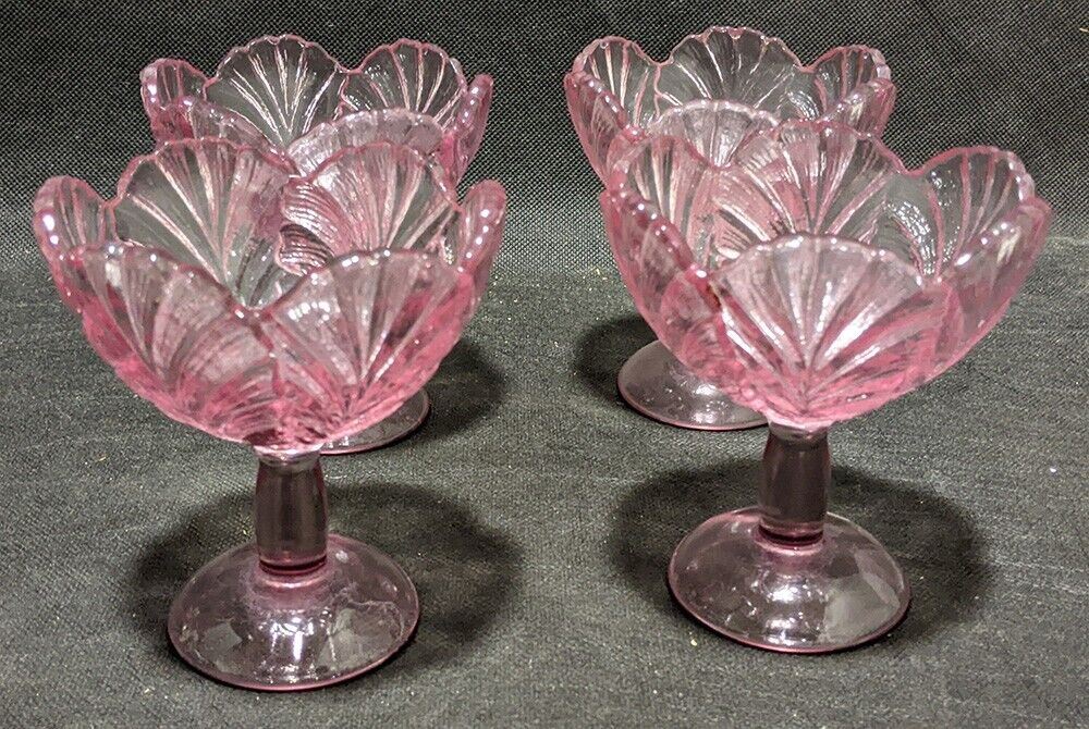 4 x Pink Coloured Pressed Glass Pedestal Sherbet Cups