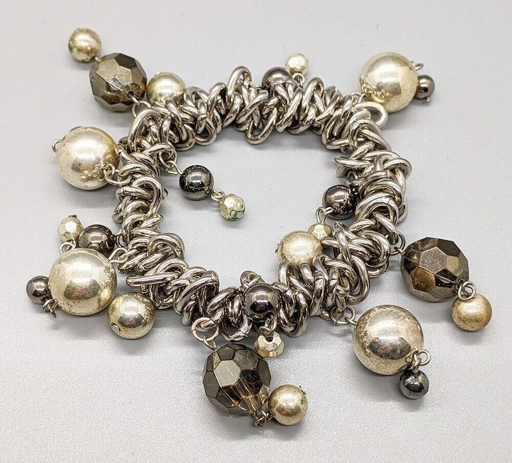 Stretchy Silver Tone Chain Link & Dangle Bead Bracelet