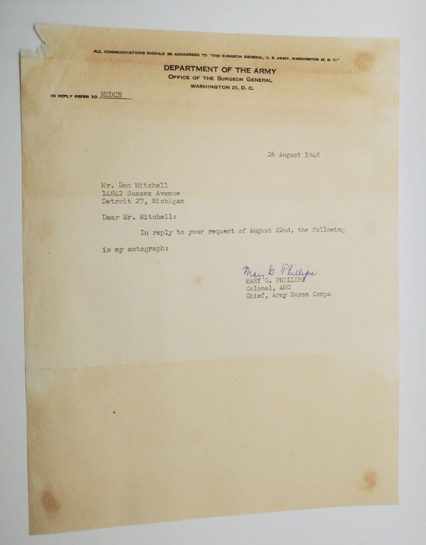 1948 Military Letter Chief Army Nurse Corps Mary  G. Phillips